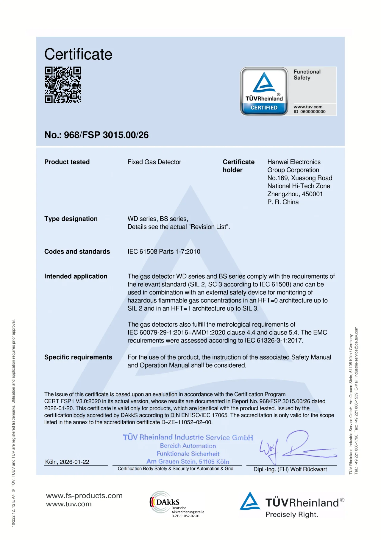 TÜV Rheinland SIL 2 certificate shown in Hanwei's official announcement